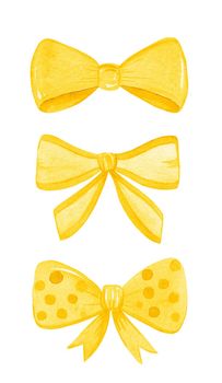 Watercolor yellow bows set isolated on white background. Hand drawn collection of ribbon illustrations