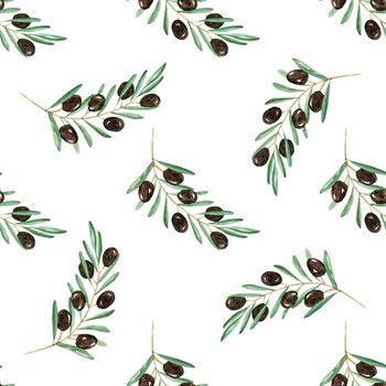 Watercolor black olive seamless pattern on white background. Hand drawn branch print for fabric, textile, wrapping, wallpaper