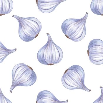 Watercolor garlic seamless pattern on white background. Hand drawn vegetable print for fabric, textile, wrapping, wallpaper