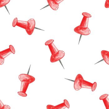 Watercolor red pins seamless pattern on white background. Hand drawn thumbtacks print for fabric, textile, wrapping, wallpaper