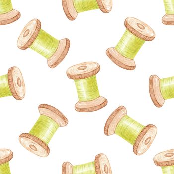 Watercolor green thread spool seamless pattern on white background. Hand drawn sewing print for fabric, textile, wrapping, wallpaper