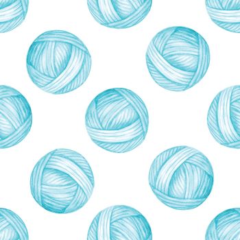 Watercolor blue ball of yarn seamless pattern on white background. Hand drawn clew print for fabric, textile, wrapping, wallpaper