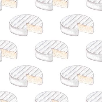 Watercolor camembert cheese seamless pattern on white background