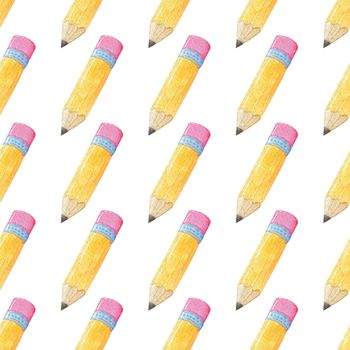 Watercolor yellow pencils seamless pattern on white background. Hand drawn print for fabric, textile, wrapping, wallpaper