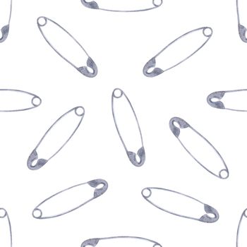 Watercolor safety pin seamless pattern on white background. Hand drawn sewing print for fabric, textile, wrapping, wallpaper