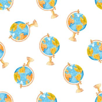 Watercolor globes seamless pattern on white background