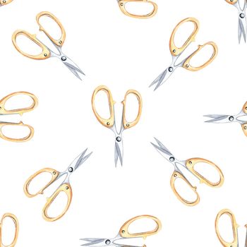 Watercolor gold scissors seamless pattern on white background