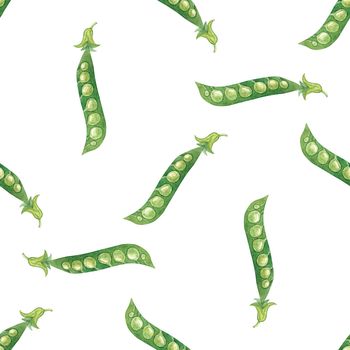 Watercolor green pea seamless pattern on white background. Hand drawn vegetable print for fabric, textile, wrapping, wallpaper