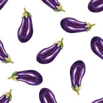 Watercolor eggplant seamless pattern on white background. Hand drawn vegetable print for fabric, textile, wrapping, wallpaper