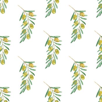 Watercolor green olive seamless pattern on white background. Hand drawn branches print for fabric, textile, wrapping, wallpaper