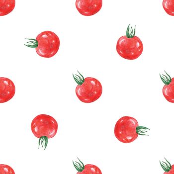 Watercolor tomato cherry seamless pattern on white background. Hand drawn vegetable print for fabric, textile, wrapping, wallpaper