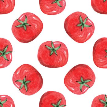 Watercolor red tomato seamless pattern on white background. Hand drawn vegetable print for wrapping, textile, wallpaper