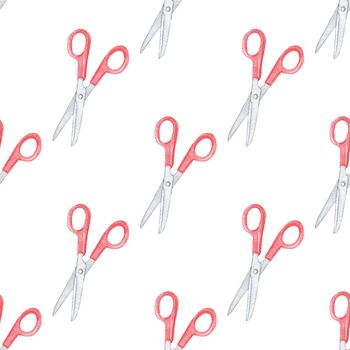 Watercolor red scissors seamless pattern on white background