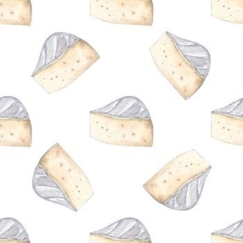 Watercolor brie cheese seamless pattern on white background. Hand drawn food print for fabric, textile, wrapping, wallpaper