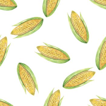 Watercolor corn seamless pattern on white background. Hand drawn vegetable print for fabric, textile, wrapping, wallpaper