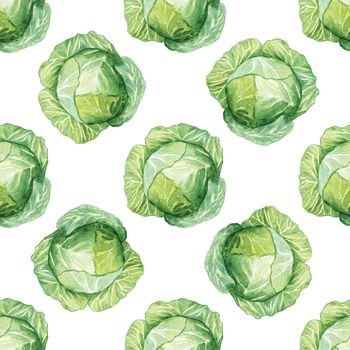 Watercolor green cabbage seamless pattern on white background. Hand drawn vegetable print for fabric, textile, wrapping, wallpaper