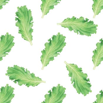 Watercolor lettuce leaves seamless pattern on white background. Hand drawn salad greenery print for fabric, textile, wrapping, wallpaper