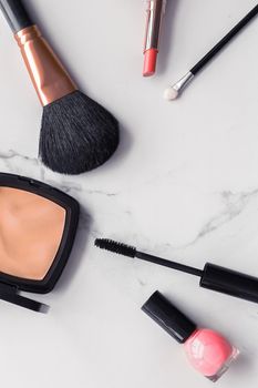 Modern feminine lifestyle, blog background and styled stock concept. Beauty and fashion inspiration - Make-up and cosmetics flatlay on marble