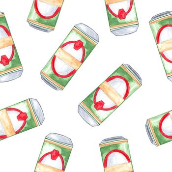 Watercolor tin beer cans seamless pattern on white background