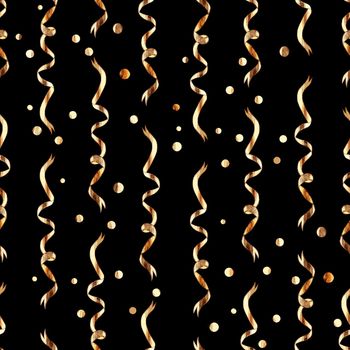 Gold serpentine and confetti seamless pattern on black background. Celebration print