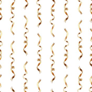 Watercolor gold curly ribbons seamless pattern on white background