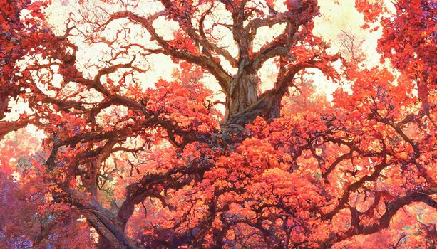 3D render extraordinarily massive oak tree with leaves the color of crimson. Beautiful HD Wallpaper