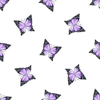 Watercolor purple butterflies seamless pattern on white background