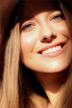 Fashion, travel and beauty face portrait of young woman, happy smiling model wearing beach sun hat in summer, head accessory and style concept