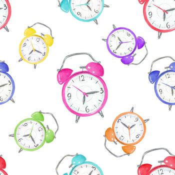 Watercolor multicolor alarm clocks seamless pattern on white background