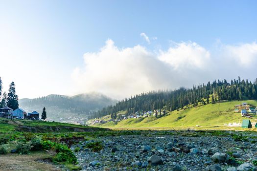 Scenic view of famous georgian resort Bakhmaro against mountain range with clouds