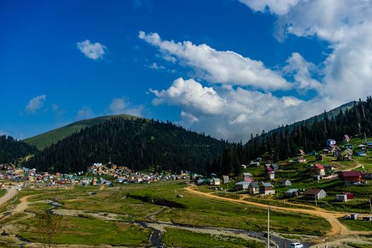 Famous georgian mountain resort Bakhmaro in summer view with old buildings