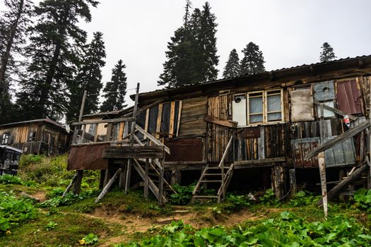 Famous georgian mountain resort Bakhmaro in summer view with old buildings