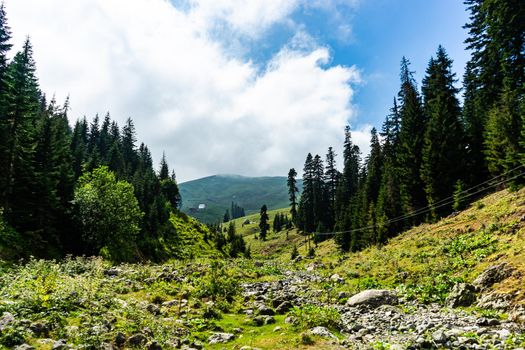 Mountain landscape in famous recreation zone of Guria region in western part of Georgia with green slopes