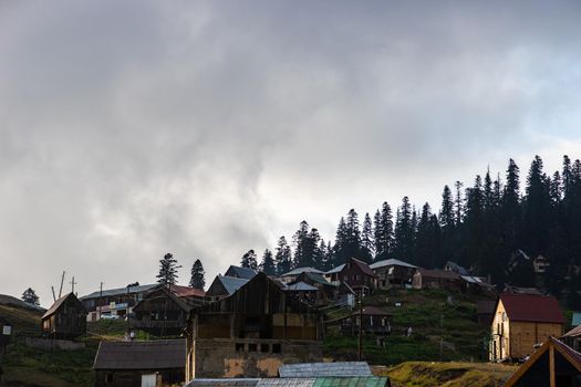 Famous georgian mountain resort Bakhmaro in summer view with old buildings