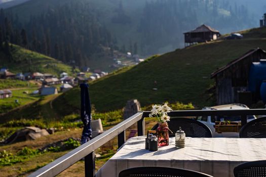 Famous georgian mountain resort Bakhmaro in summer view with old buildings