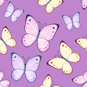 watercolor pastel butterflies seamless pattern on purple background