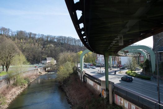 Wuppertal Suspension Railway train in Germany. The unique electric monorail system is Wuppertal's landmark. North Rhine-Westphalia, High quality photo