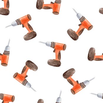 Watercolor orange drill tool seamless pattern on white background