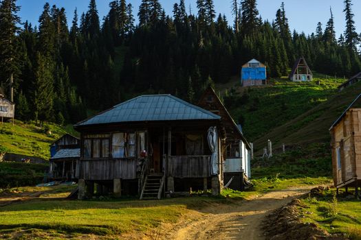 Famous georgian mountain resort Bakhmaro in summer view with old buildings