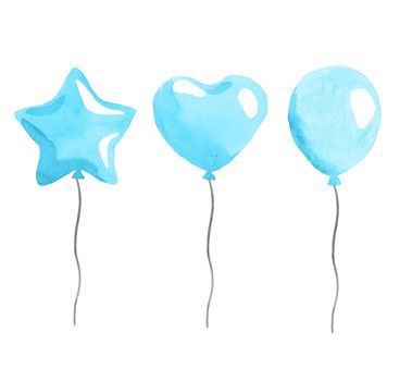 watercolor blue air balloons on white background. heart, star and ball shaped birthday balloons for party invitation