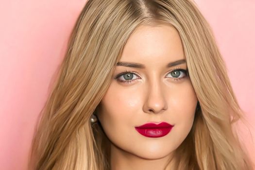 Beauty, makeup and hairstyle, beautiful blonde woman with red matte lipstick make up on pink background as bridal make-up look, fashion and glamour model face portrait for cosmetics, skincare and hair care brand