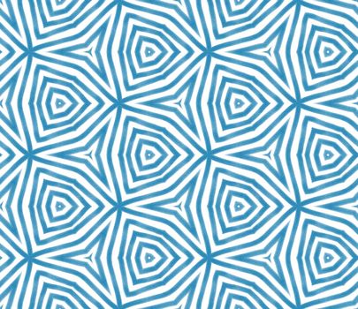 Striped hand drawn pattern. Blue symmetrical kaleidoscope background. Repeating striped hand drawn tile. Textile ready unusual print, swimwear fabric, wallpaper, wrapping.