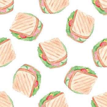 Watercolor sandwich seamless pattern on white background. Hand drawn food print for fabric, textile, wrapping, wallpaper