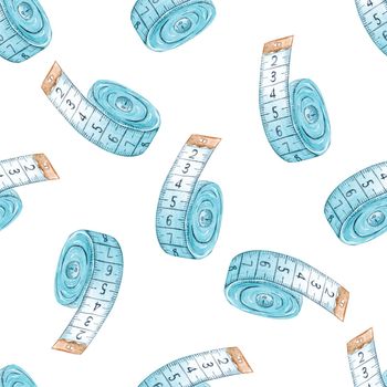 Watercolor measure tape seamless pattern on white background