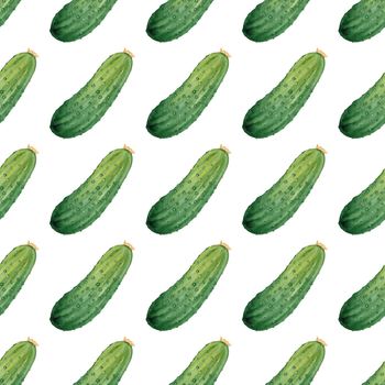 Watercolor green cucumbers seamless pattern on white background. Hand drawn vegetable print for fabric, textile, wrapping, wallpaper