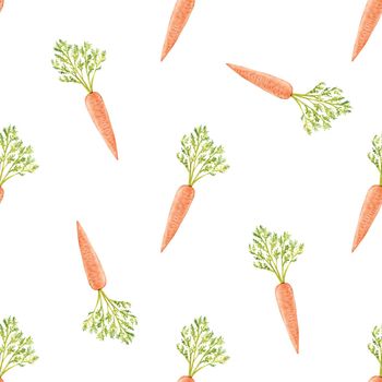 Watercolor carrot seamless pattern on white background. Hand drawn vegetable print for fabric, textile, wrapping, wallpaper