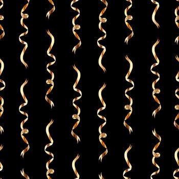 Watercolor gold serpentine ribbons seamless pattern on black background. Celebration print