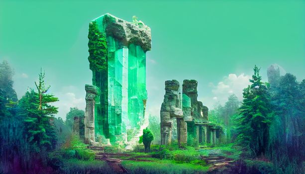 3D render of colossal abstract sureals emerald stone ruins