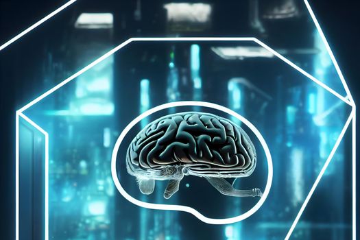 human brain in transparent polygonal container inside cyan illuminated server room, neural network generated art. Digitally generated image. Not based on any actual scene or pattern.