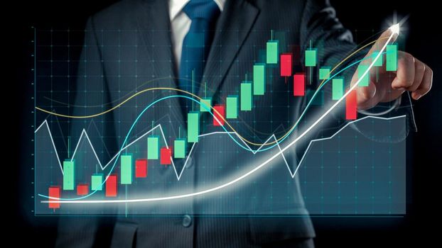 Businessman draw finance allusive graph chart showing business profit growth increasing to future target . Excellent financial status of corporate business rise up . Finance and money technology .